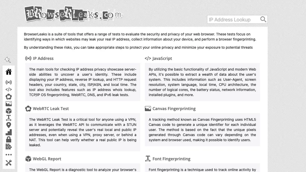 Screenshot of BrowserLeaks