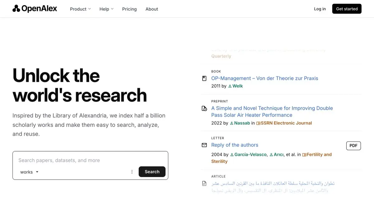 Screenshot of OpenAlex
